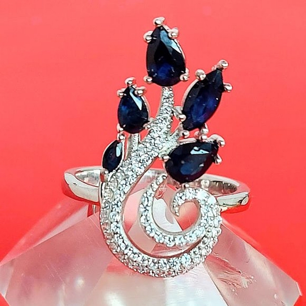 Genuine Sapphire & CZ 925 Sterling Silver Ring Sz 7